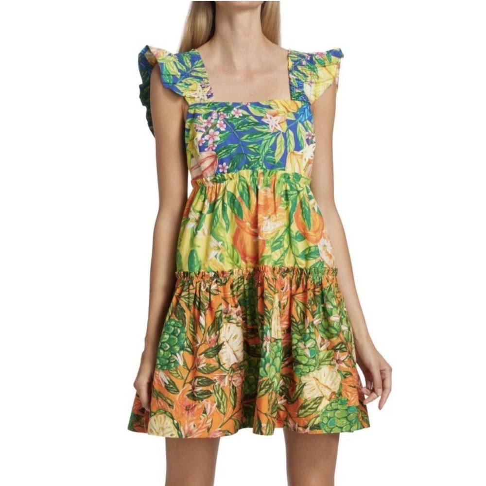FARM RIO Caipirinha Tiered Mini Dress Small Sundress Vacation Floral Cotton EUC